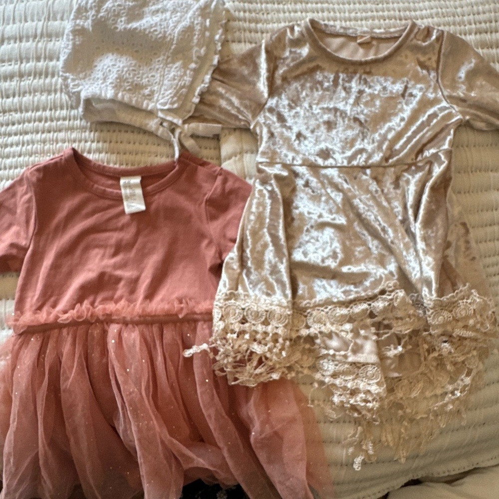 H&M Pink and Cream Baby Dress Set with Bonnet
